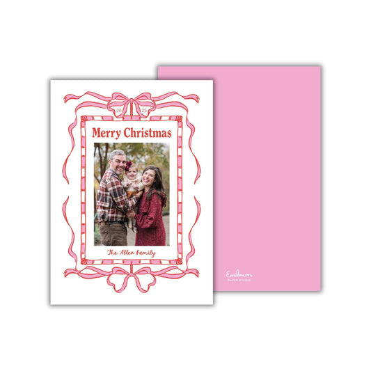 A white card with a red border and a photo of a family, along with the text &quot;Merry Christmas&quot; and &quot;The Allen family&quot;.