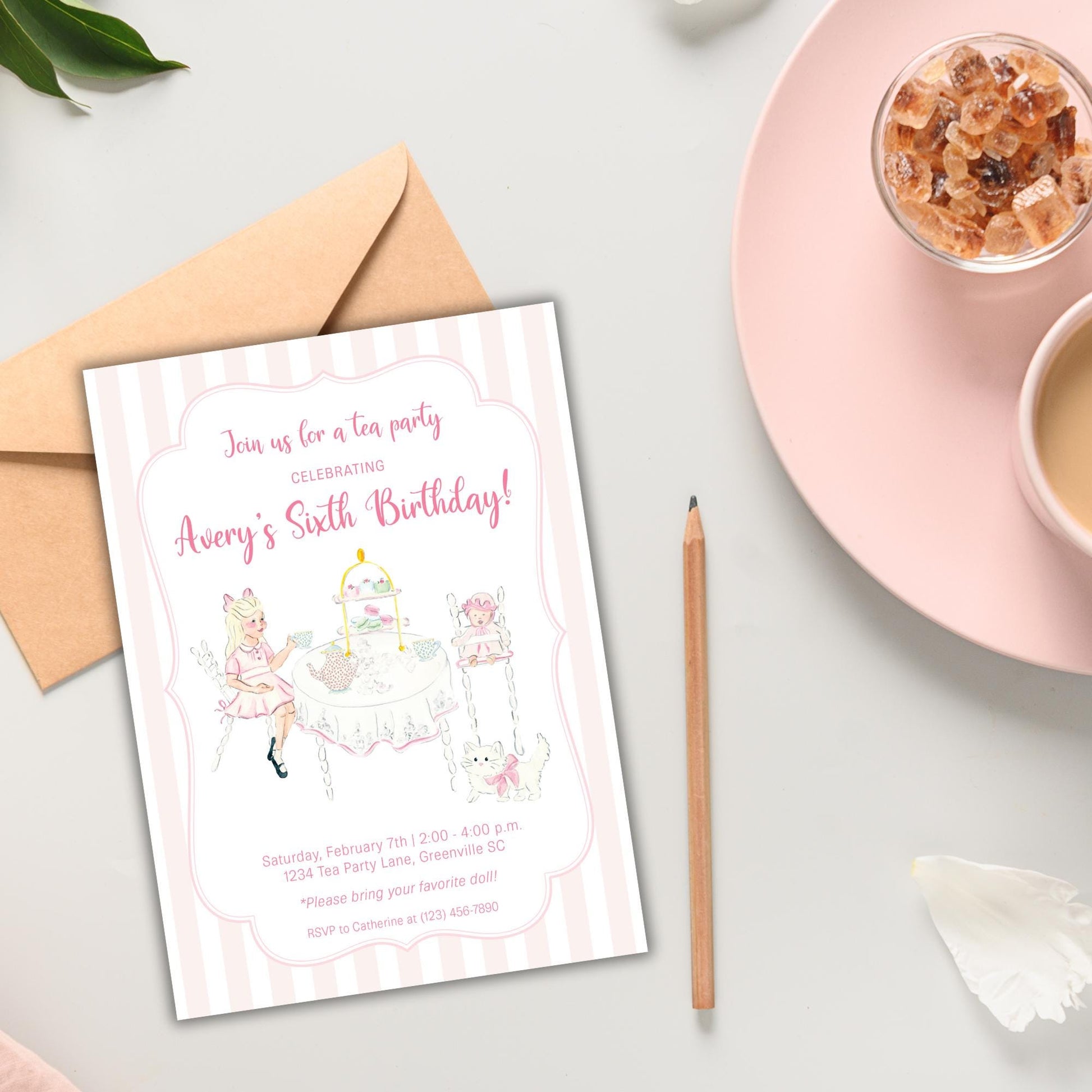a birthday invitation for a tea party celebrating Avory's sixth birthday, with illustrations of children and a tea party scene. The invitation is placed on a table next to a cup of tea, a pencil, and a small bowl of snacks.