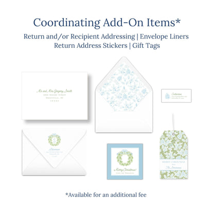 various items related to holiday-themed items, including envelopes, return address stickers, and gift tags.