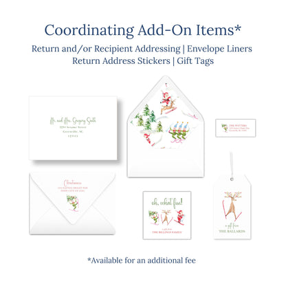 The image is a collection of Christmas-themed items, including an envelope, return address stickers, and gift tags, all available for purchase.