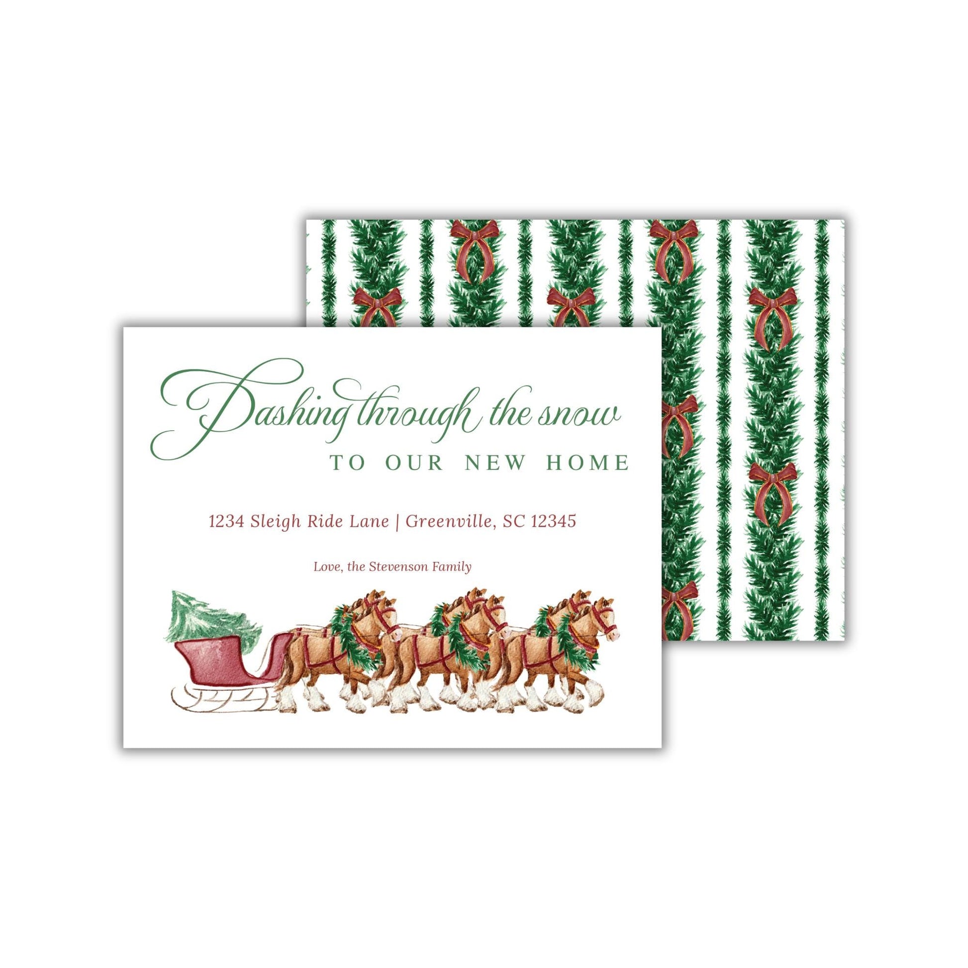 The image is a Christmas-themed greeting card featuring a sleigh pulled by three decorated horses, with a pattern of green and red Christmas trees and ribbons.