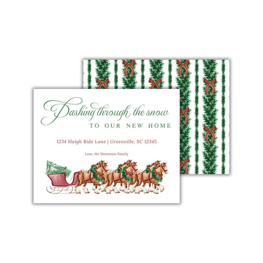 The image is a Christmas-themed greeting card featuring a sleigh pulled by three decorated horses, with a pattern of green and red Christmas trees and ribbons.