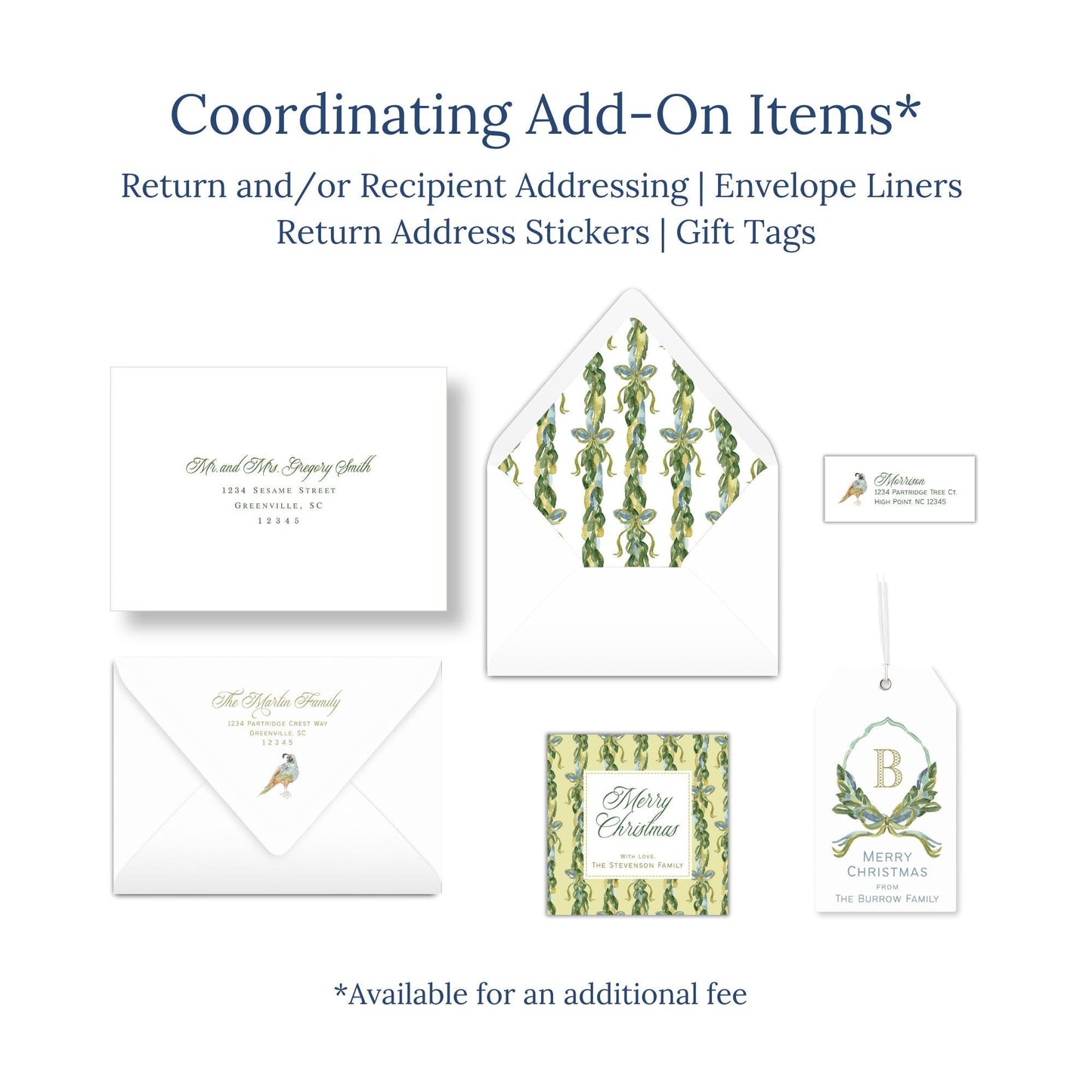 various items related to holiday-themed items, including envelopes, return address stickers, and gift tags.