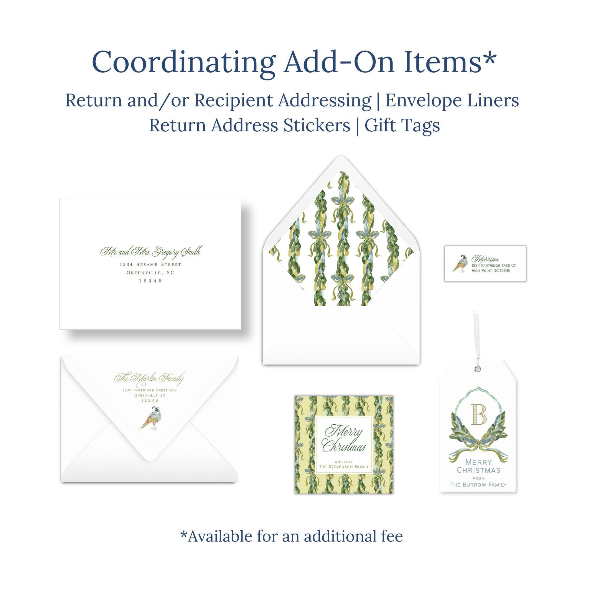various items related to holiday-themed items, including envelopes, return address stickers, and gift tags.