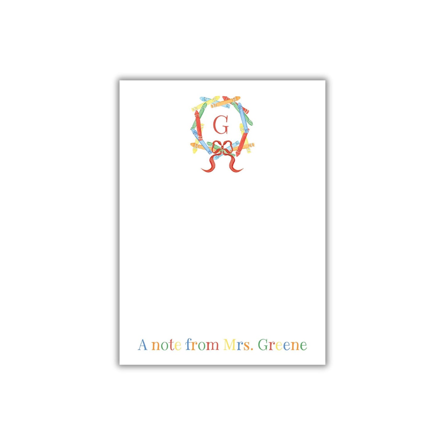 A personalized note from Mrs. Greene, featuring a colorful monogrammed letter "G" on a white background.