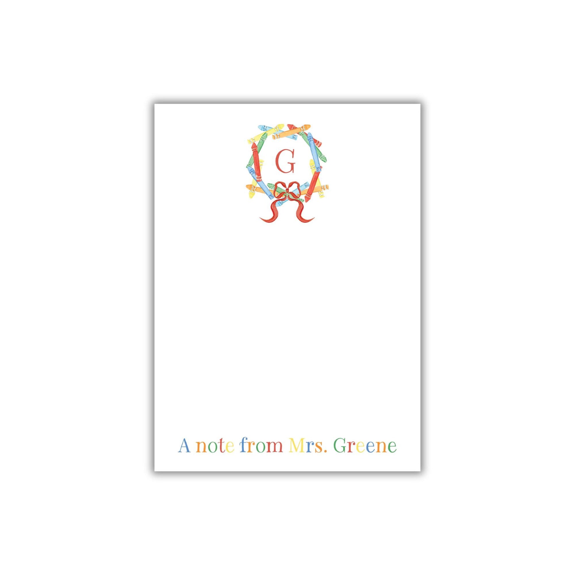 A personalized note from Mrs. Greene, featuring a colorful monogrammed letter "G" on a white background.