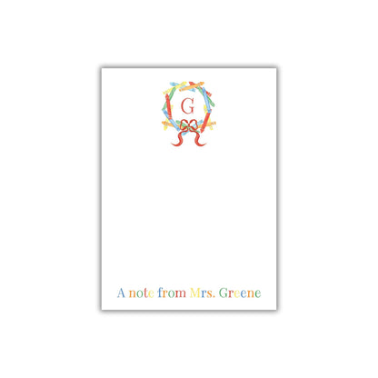 A personalized note from Mrs. Greene, featuring a colorful monogrammed letter "G" on a white background.