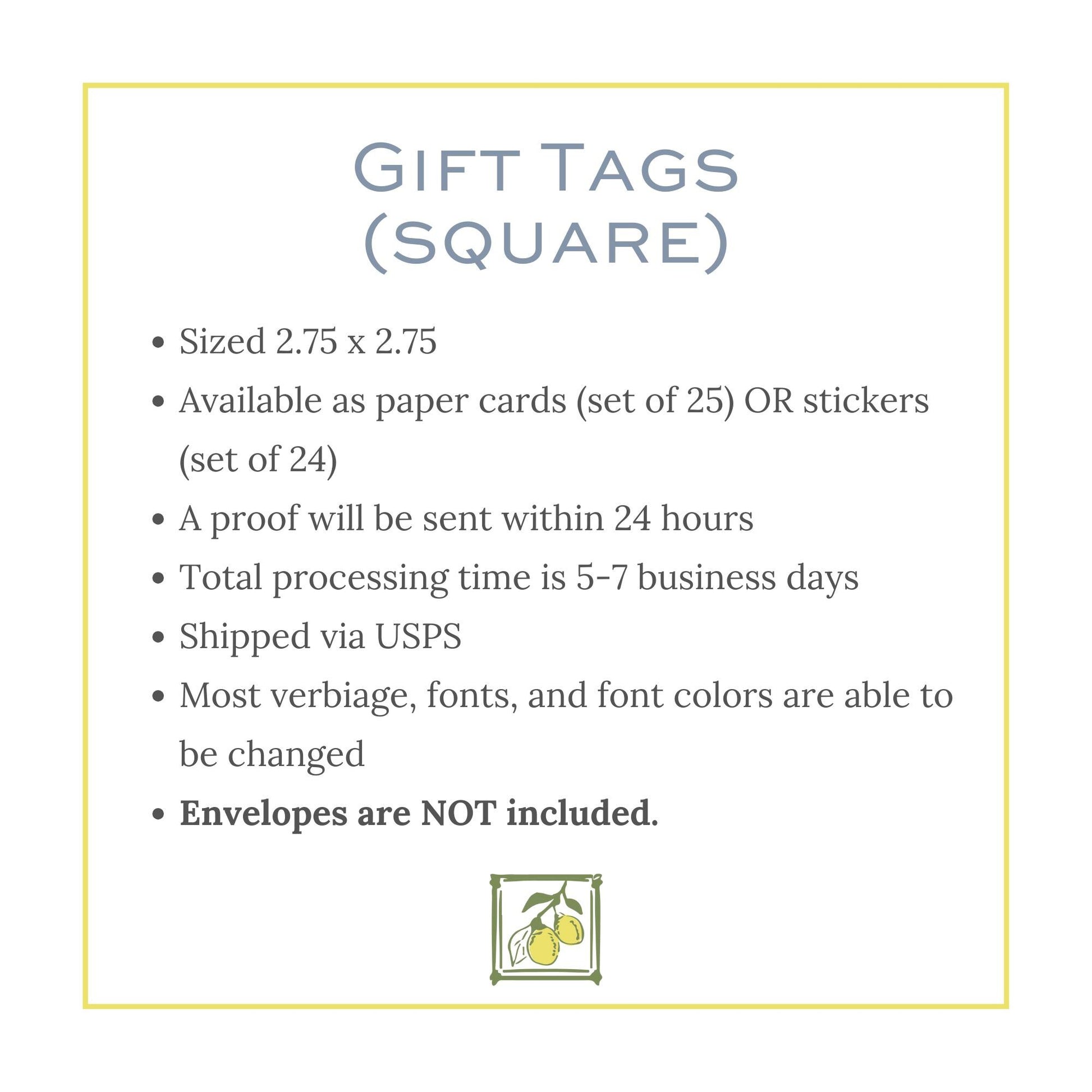 a picture of a gift tag with the words, gift tags square