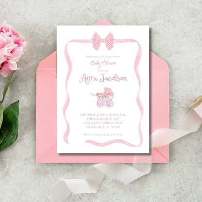 Baby Carriage Baby Shower Invitation - Pink