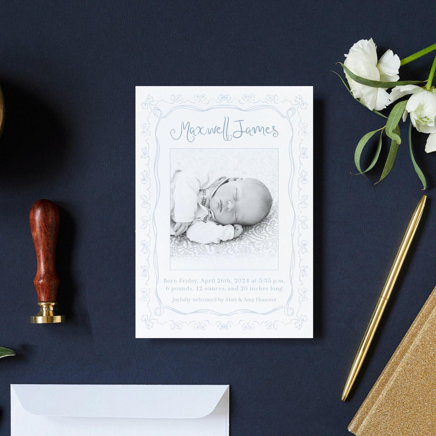 Bow Frame Birth Announcement - Blue
