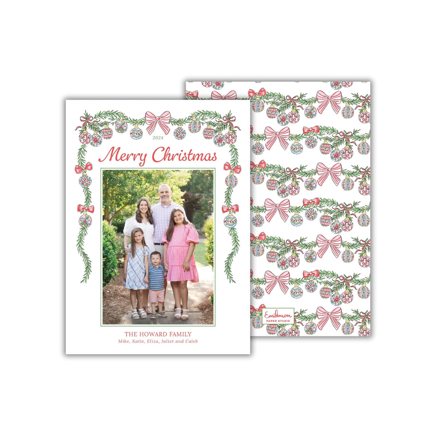 A family portrait of a group of people, including adults and children, with a Christmas-themed design featuring red and green bows and ornaments.