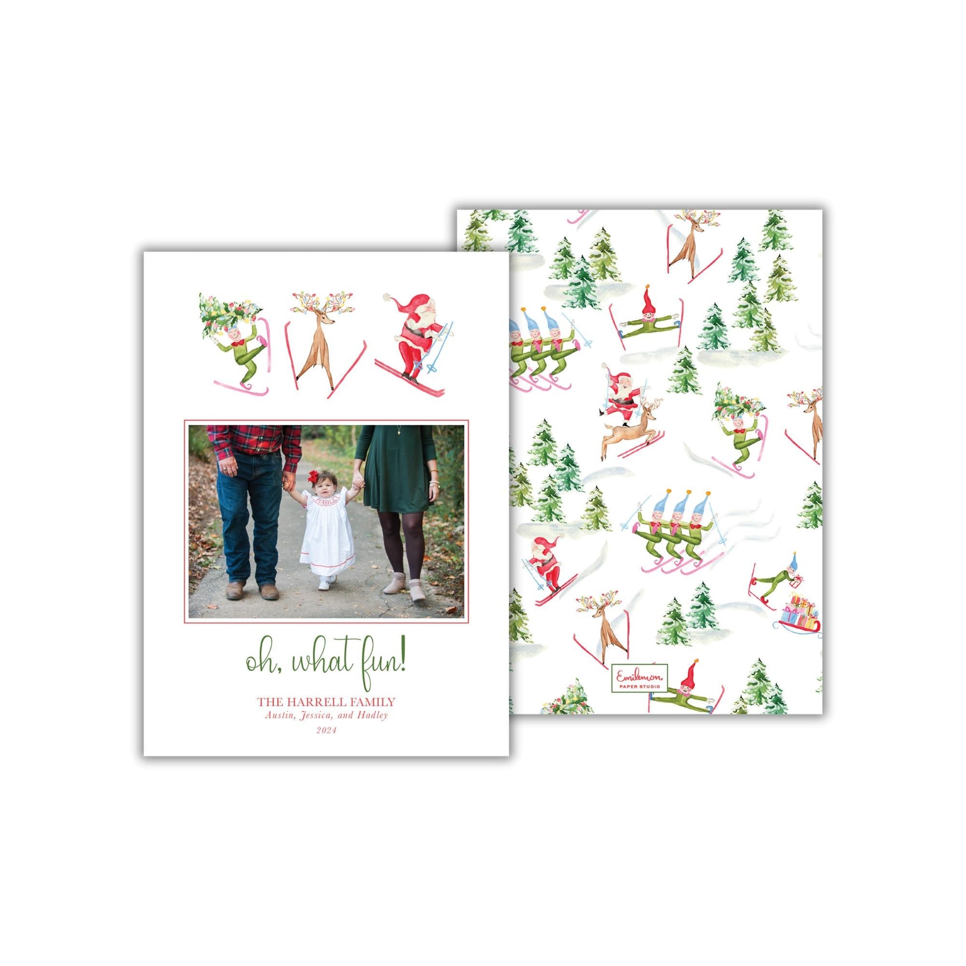 The image is a holiday-themed card featuring a family photo and various winter-themed illustrations, including people skiing, snowmen, and reindeer.