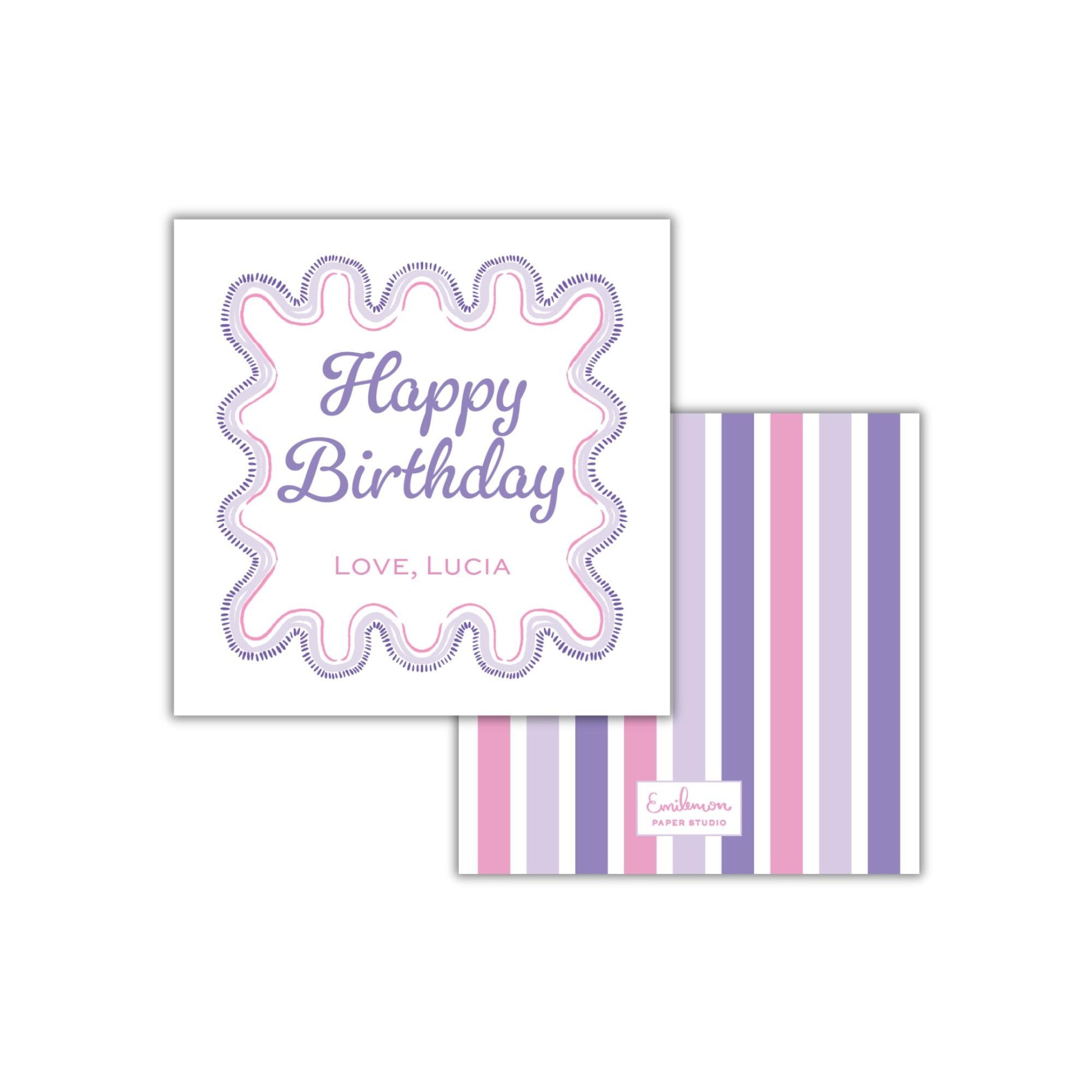 a birthday card with a pink and purple design, featuring the text "Happy Birthday" and the name "Love, Lucia".