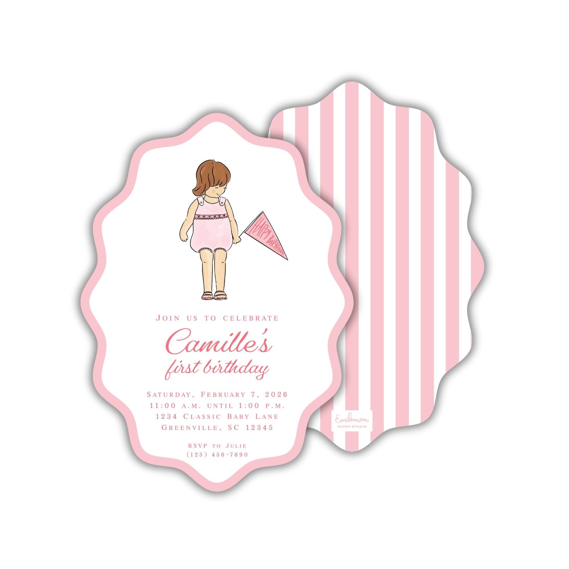 The image is a pink and white birthday invitation for a girl named Camille's first birthday.