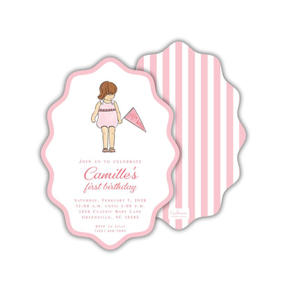 The image is a pink and white birthday invitation for a girl named Camille's first birthday.