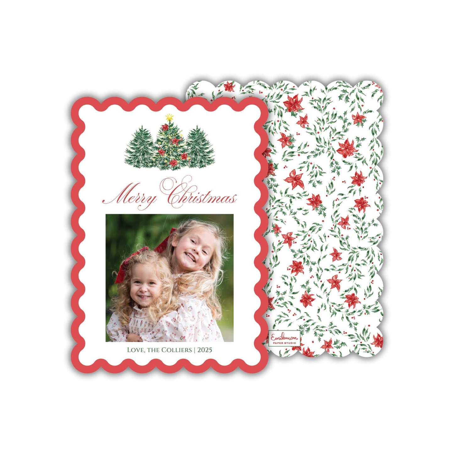 A Christmas card with a photo of two young girls and a wavy border. The card has a floral pattern and the text &quot;Merry Christmas&quot; and &quot;Love, the Colliers | 2005&quot; printed on it.