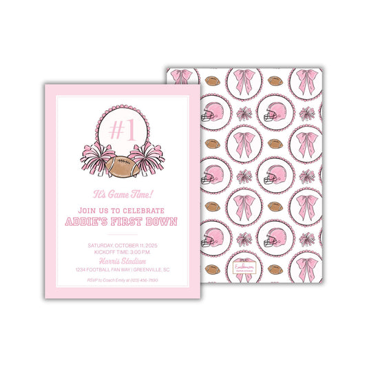 The image is a pink invitation card for a football-themed party, featuring a football, pink ribbons, and a pattern of pink footballs and helmets.