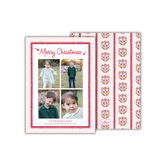 The image is a Christmas card featuring a collage of four photos of children in festive attire, with a repeating pattern of red and white floral designs on the background.
