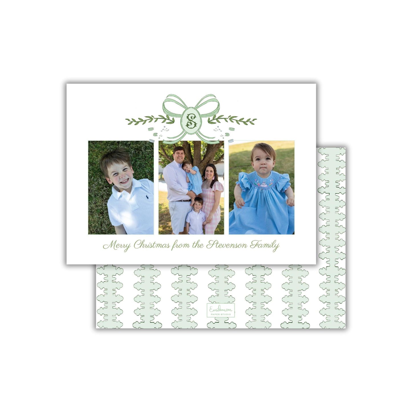 A family photo collage with a green ribbon design and the text &quot;Merry Christmas from the Stevensons Family&quot; displayed on the front.