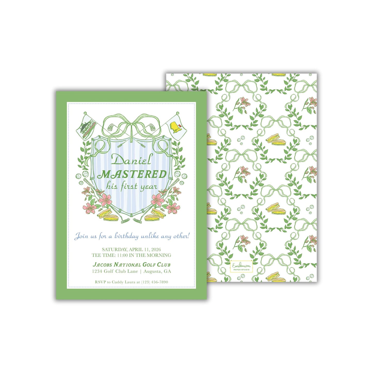 The image is a birthday invitation for Daniel, who is described as a "MasterED" in the text. The invitation features a green and white color scheme with floral and leaf designs, and it includes details about the event, such as the time, location, and RSVP instructions.