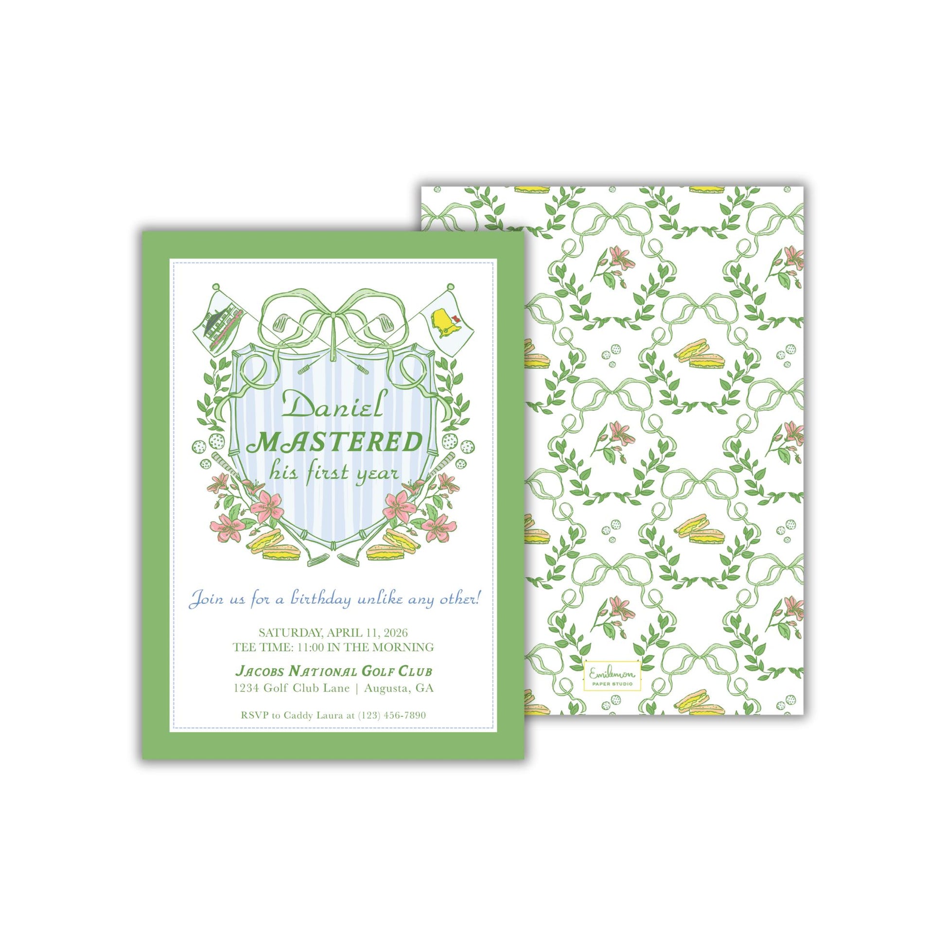 The image is a birthday invitation for Daniel, who is described as a "MasterED" in the text. The invitation features a green and white color scheme with floral and leaf designs, and it includes details about the event, such as the time, location, and RSVP instructions.