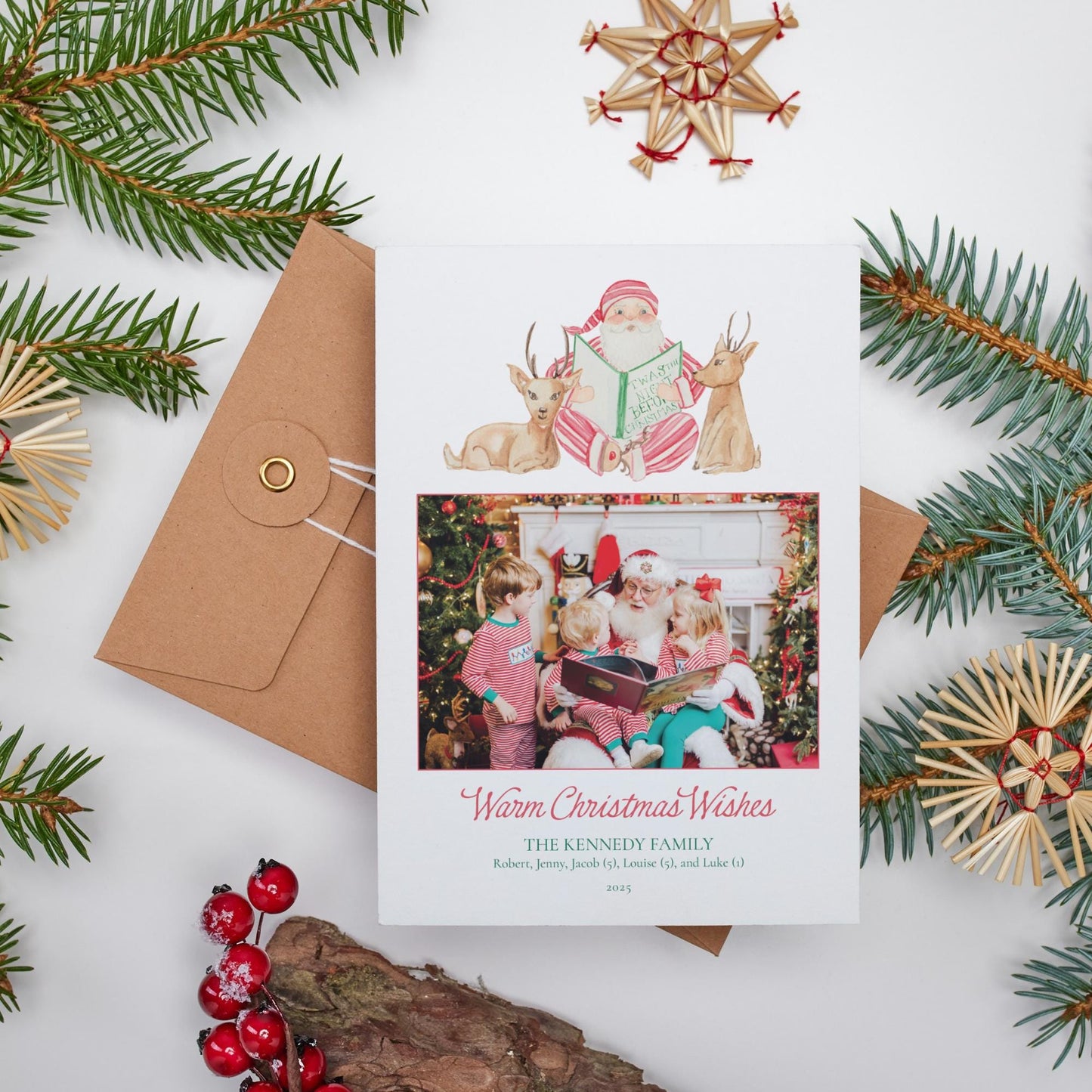 A Christmas card featuring a Santa Claus illustration and a photo of a family, surrounded by holiday decorations such as pine branches, berries, and a star.