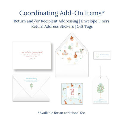 various stationery items, including envelopes, return address stickers, and gift tags, with a focus on coordinating add-on items.