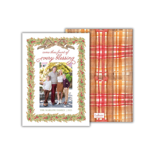 The image is a holiday card featuring a family portrait of a family, with a decorative border and text that reads &quot;come upon the flock of every blessing&quot;.