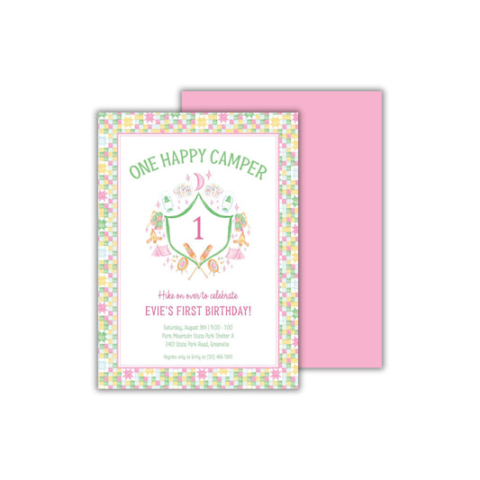 a pink birthday card with a one - happy camper on it