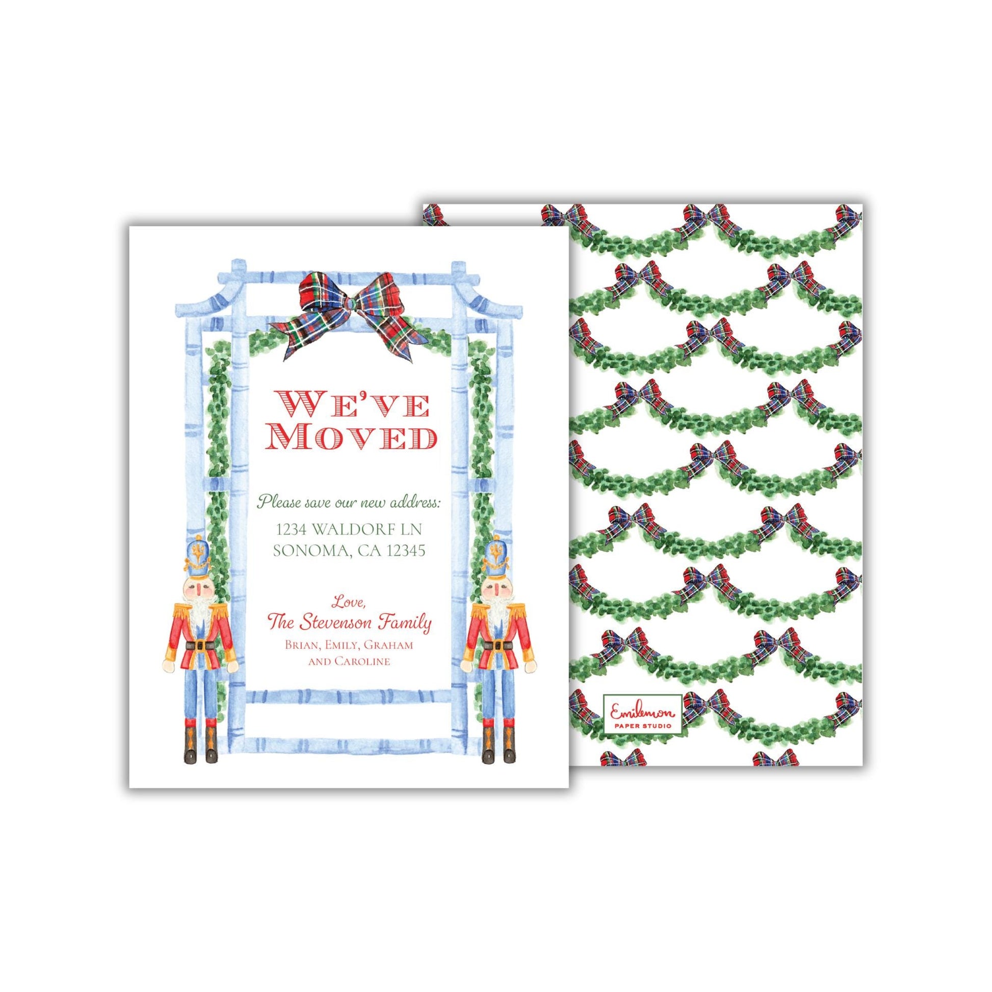 The image is a Christmas-themed invitation card with a nutcracker figure and a wreath pattern.