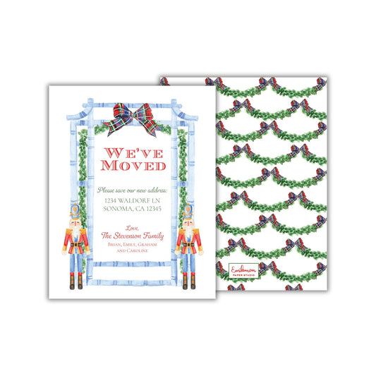 The image is a Christmas-themed invitation card with a nutcracker figure and a wreath pattern.