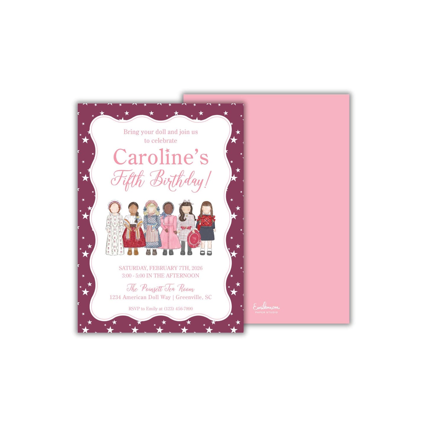 The image is a birthday invitation for a doll's fifth birthday party.