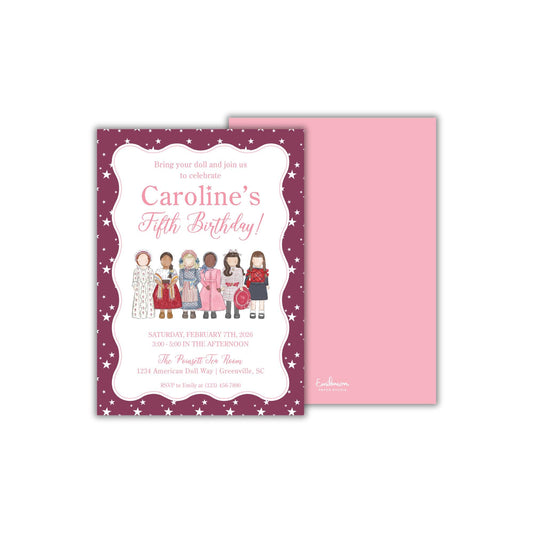 The image is a birthday invitation for a doll's fifth birthday party.