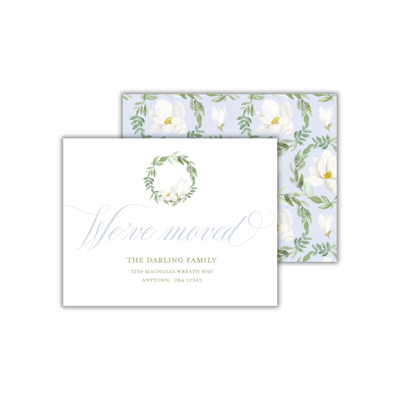 two cards with white flowers and green leaves on them