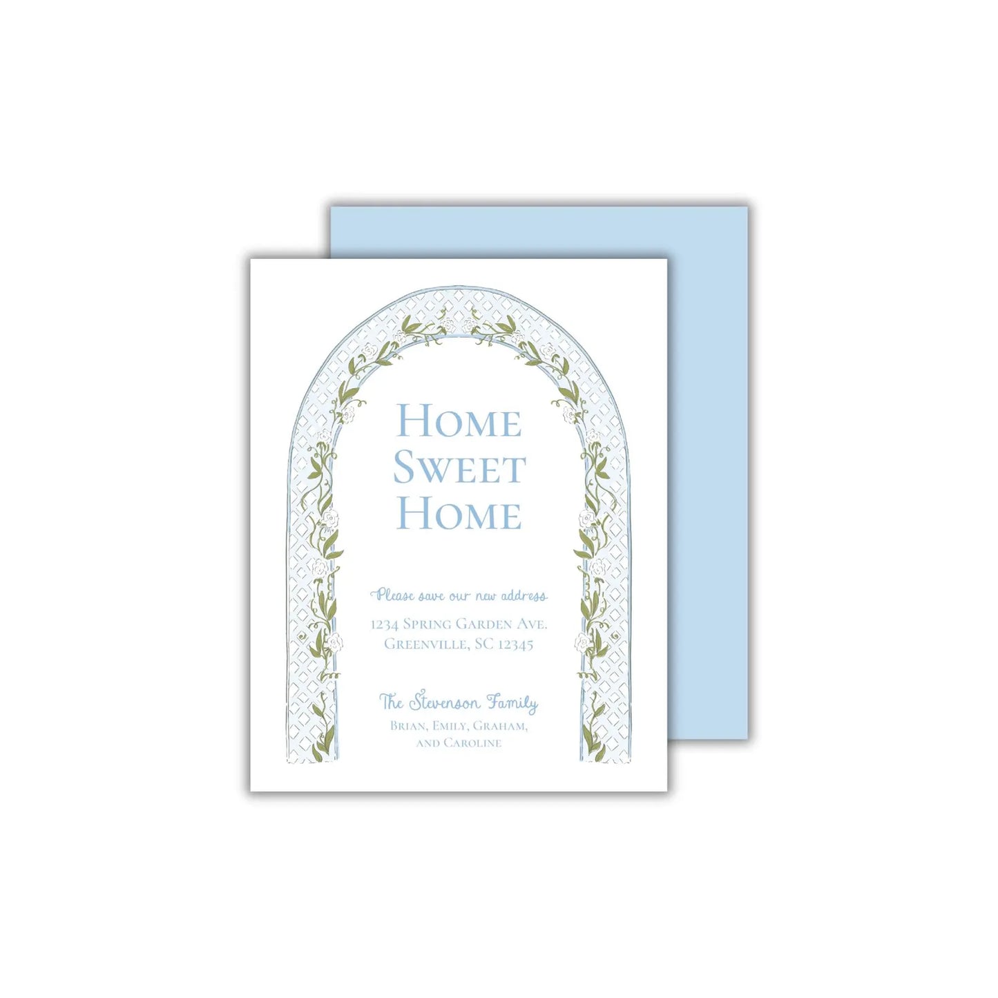 a blue and white card with the words home sweet home