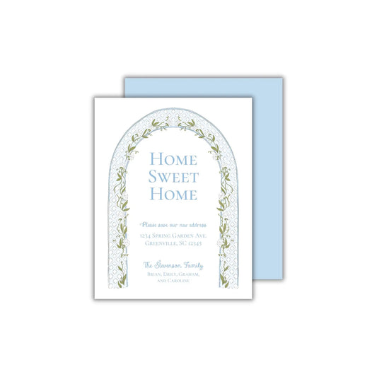 a blue and white card with the words home sweet home