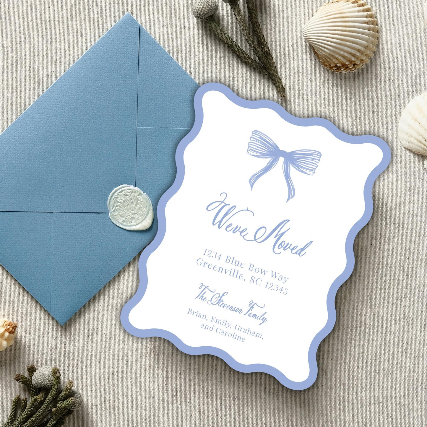 Wavy Bow Moving Announcements - Blue