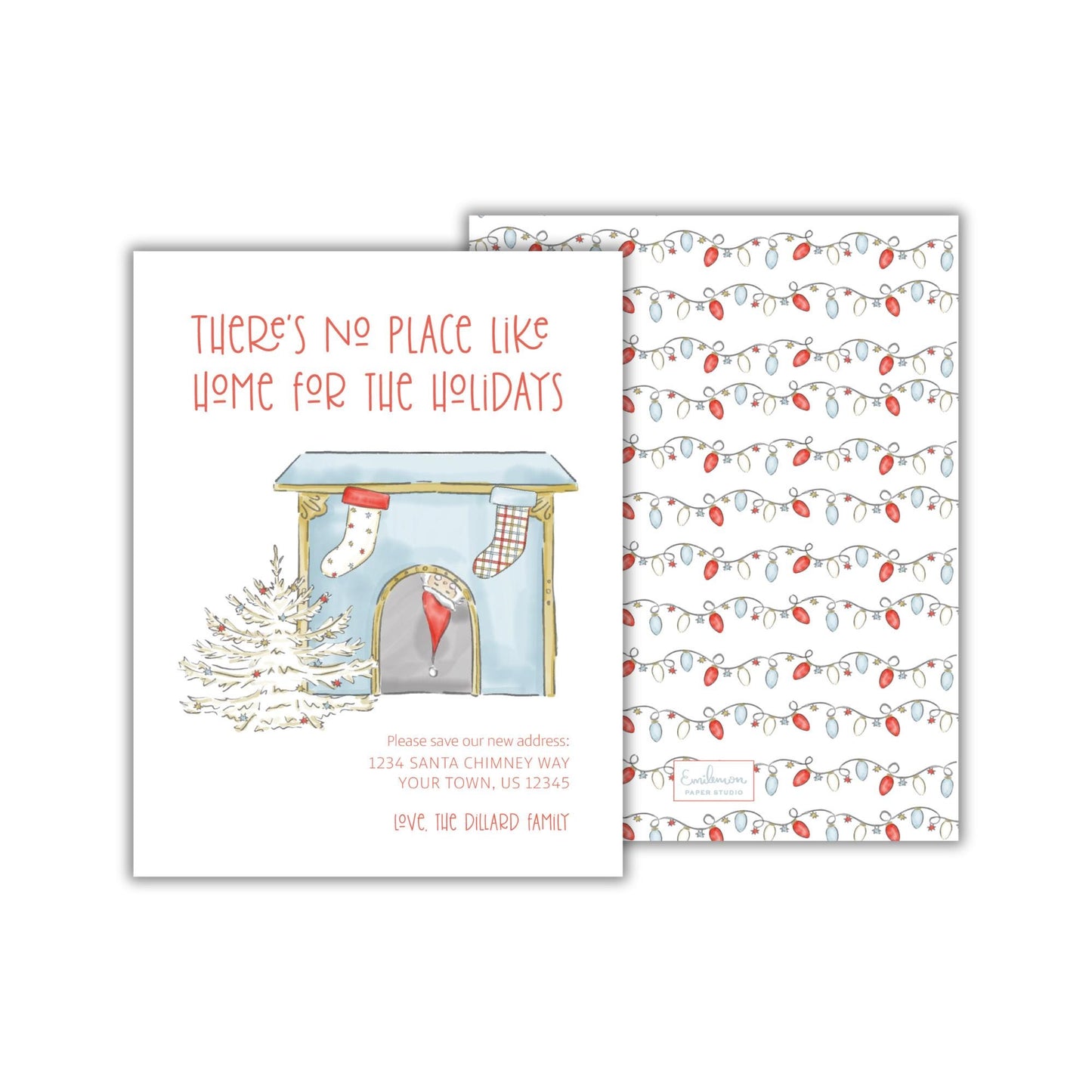 The image is a holiday-themed invitation card with a Christmas tree and a house, along with a message about the holidays.