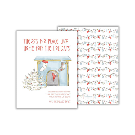 The image is a holiday-themed invitation card with a Christmas tree and a house, along with a message about the holidays.