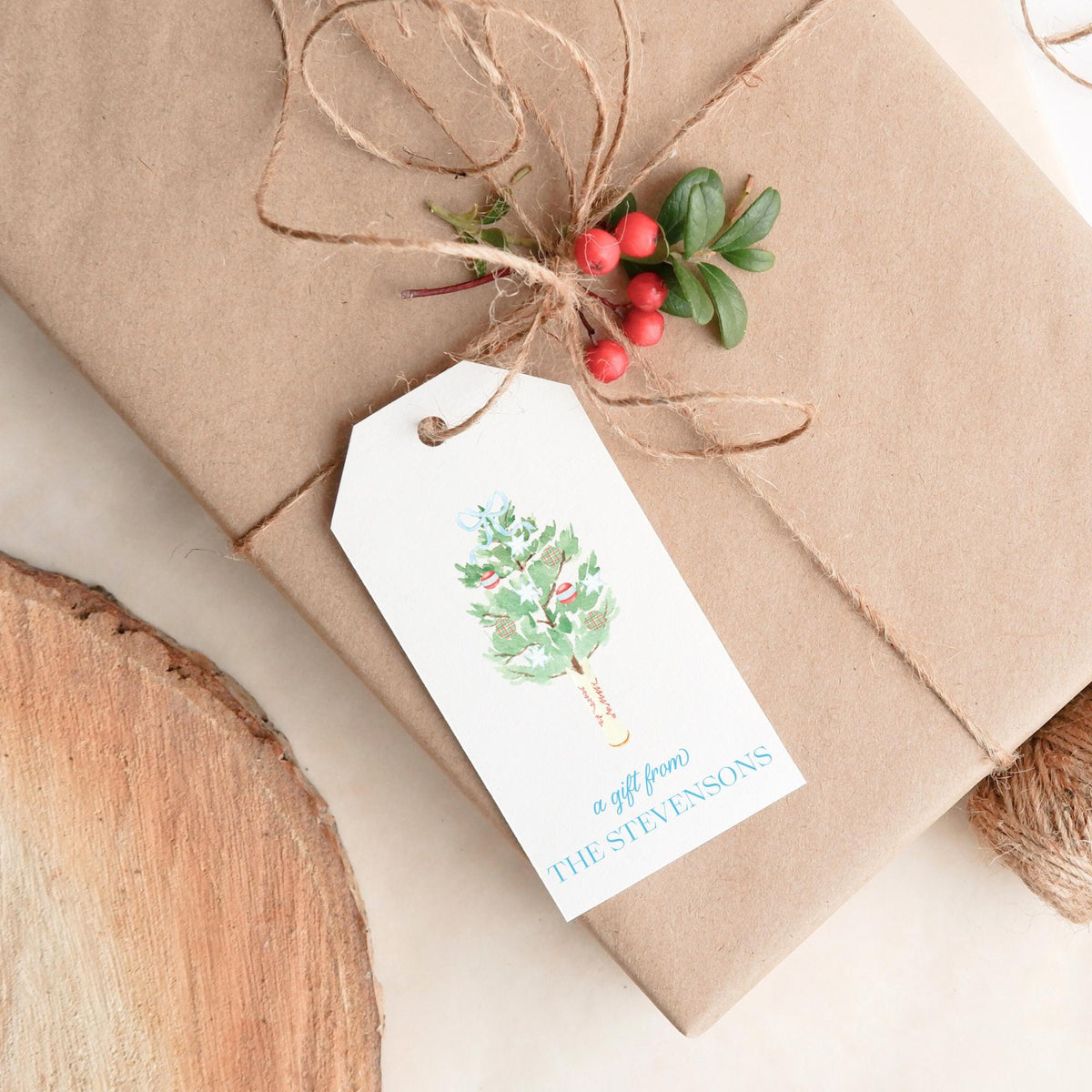 A brown gift box wrapped with brown paper and tied with twine, with a white tag attached that reads "a gift from THE STEVENS".