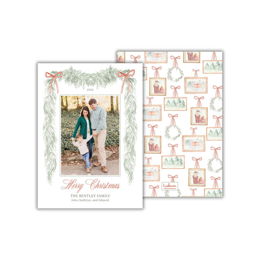 A 2015 holiday card featuring a couple standing in front of a wreath, with the text &quot;Merry Christmas&quot; and &quot;The Bentley Family&quot; printed on it.