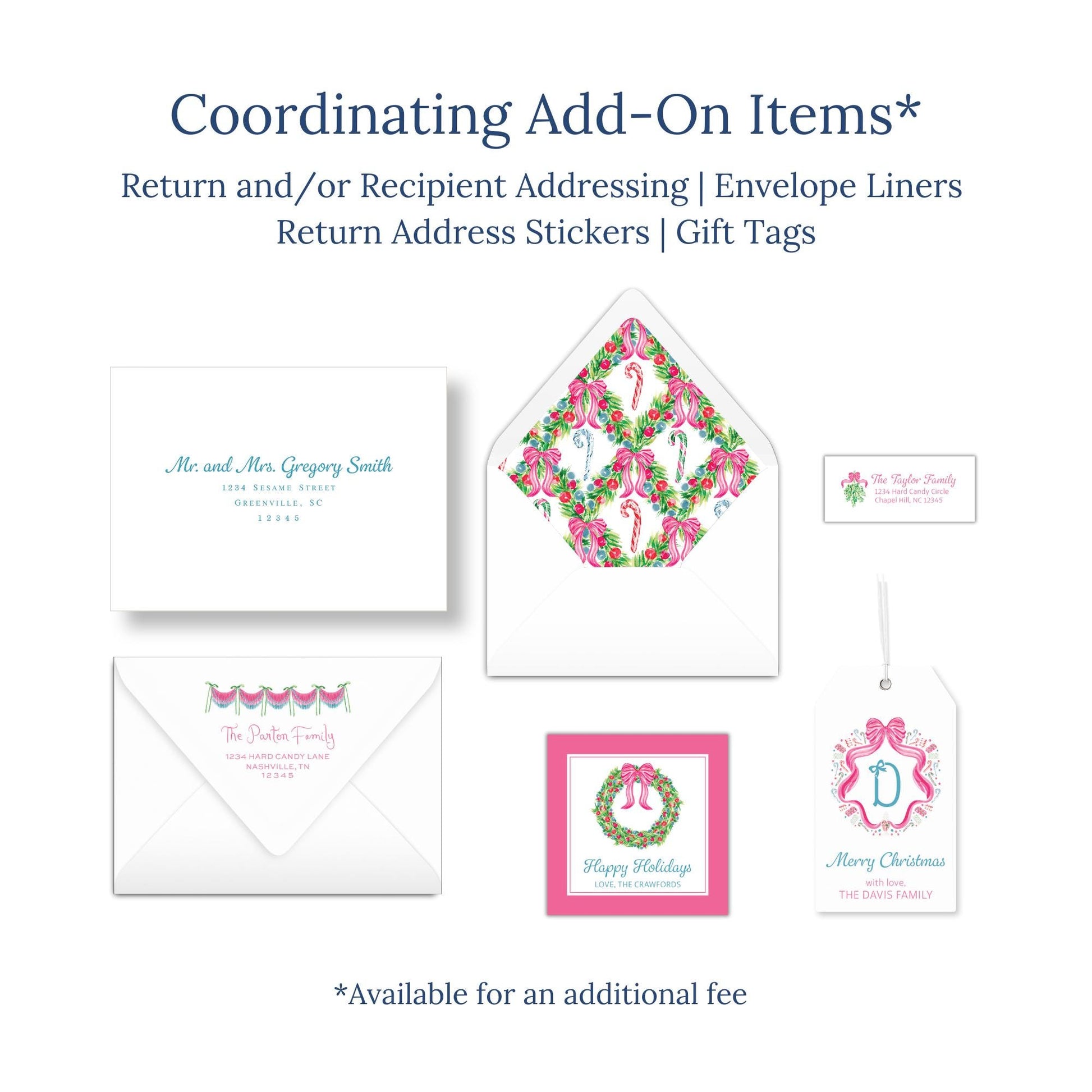 various items related to coordinating add-ons for envelopes, return address stickers, and gift tags.