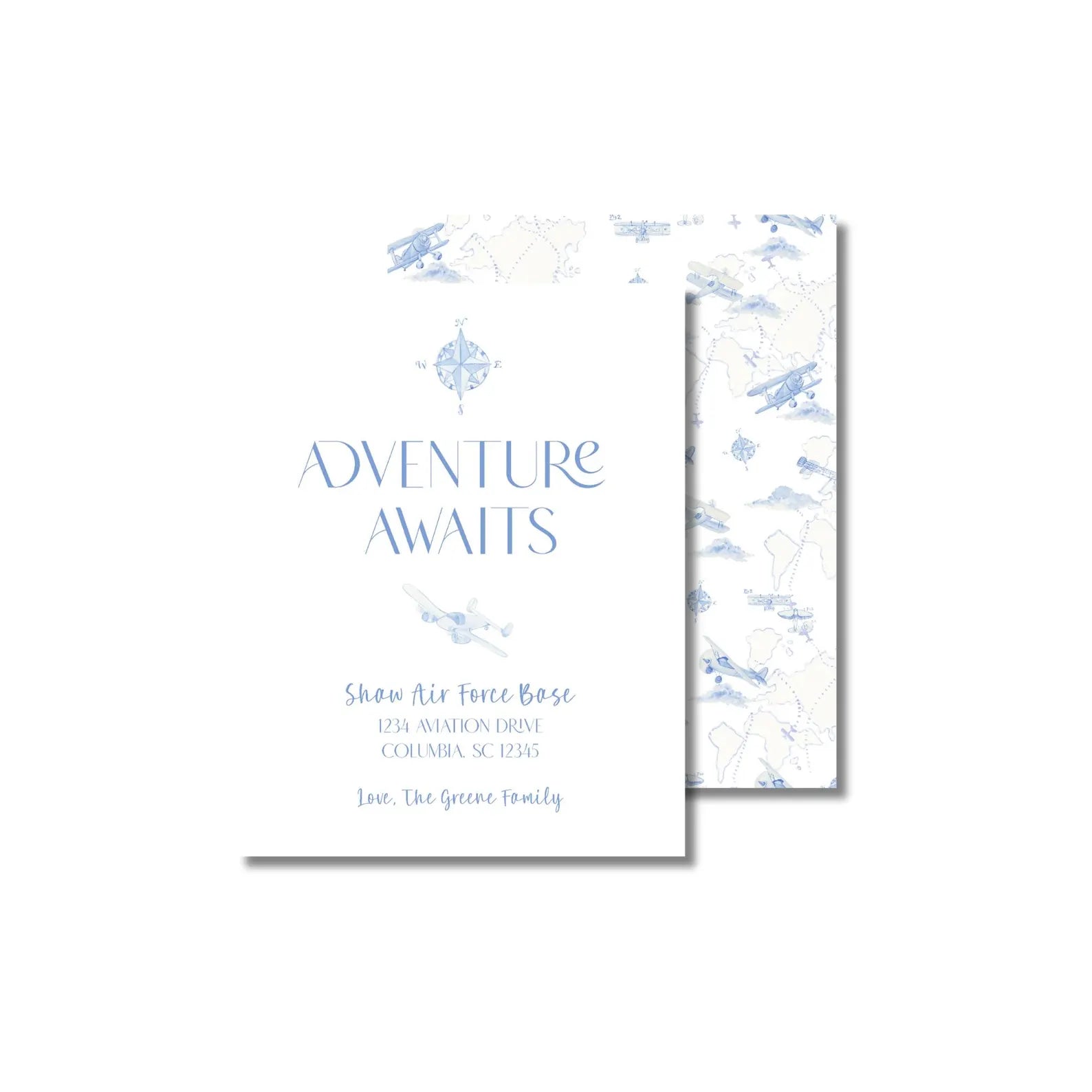 a white and blue wedding card with the words adventure awaits
