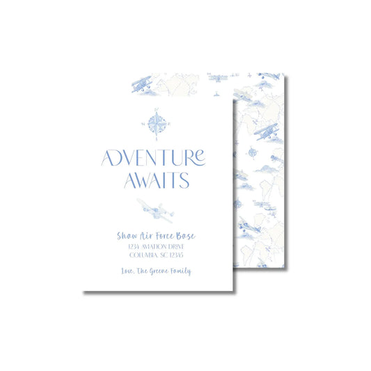 a white and blue wedding card with the words adventure awaits