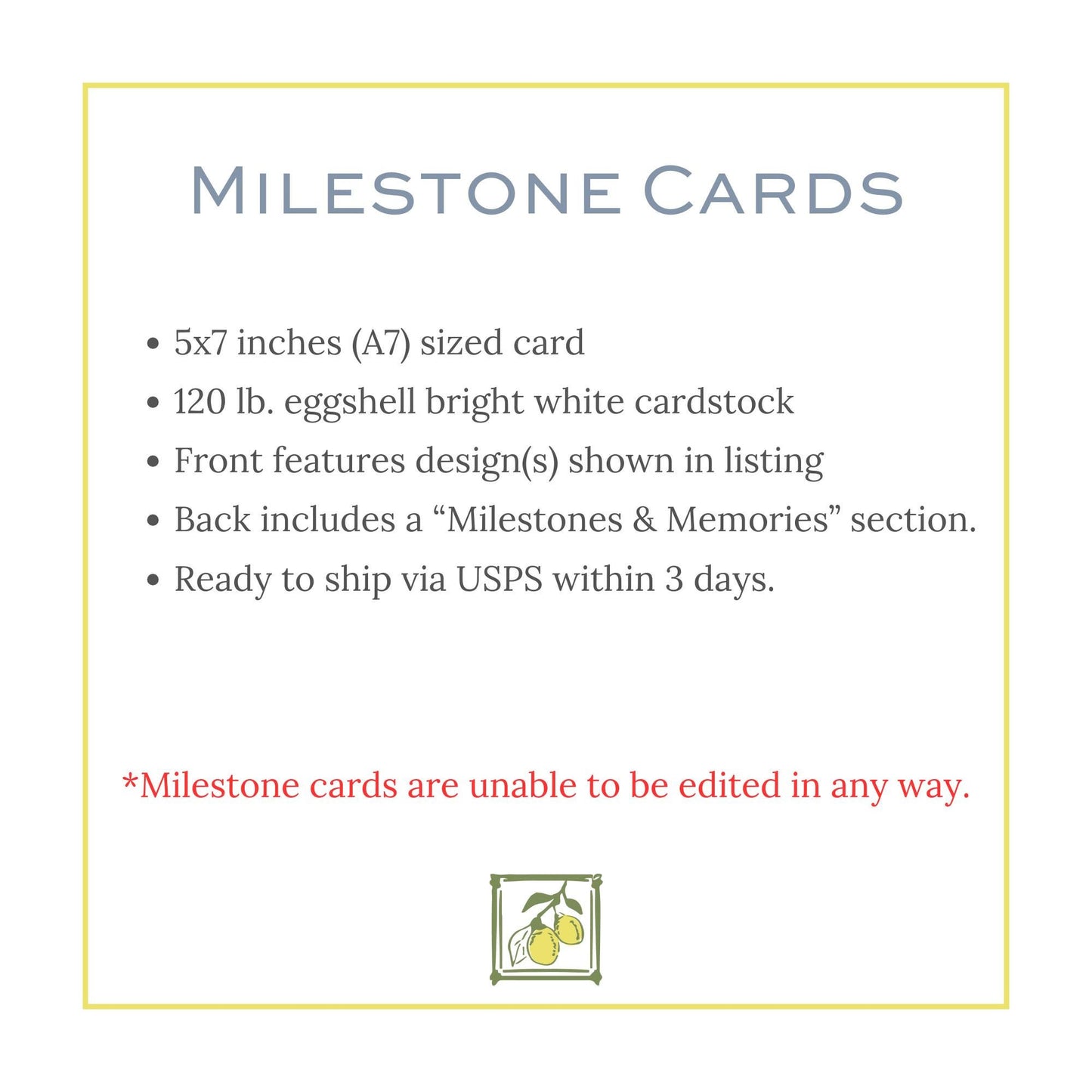 a white card with a blue border and a yellow border