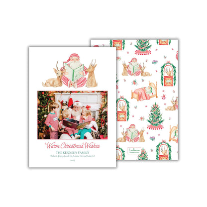 The image is a Christmas card featuring a family portrait and a repeating pattern of Santa Claus, reindeer, and Christmas trees.