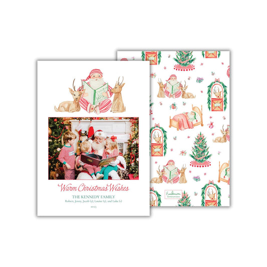 The image is a Christmas card featuring a family portrait and a repeating pattern of Santa Claus, reindeer, and Christmas trees.