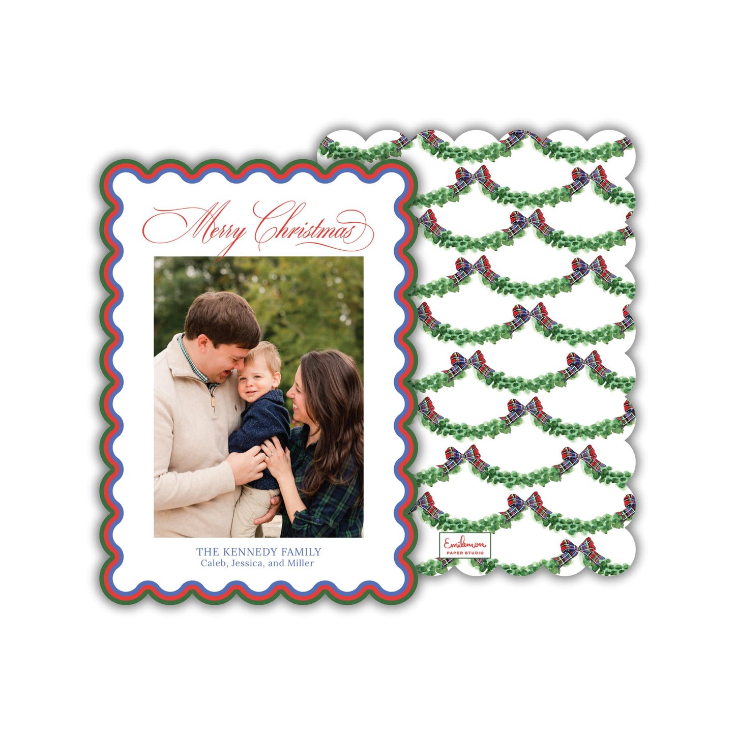 A Christmas card featuring a family portrait of a man, woman, and child, with a wavy border and a repeating pattern of green and red bows.
