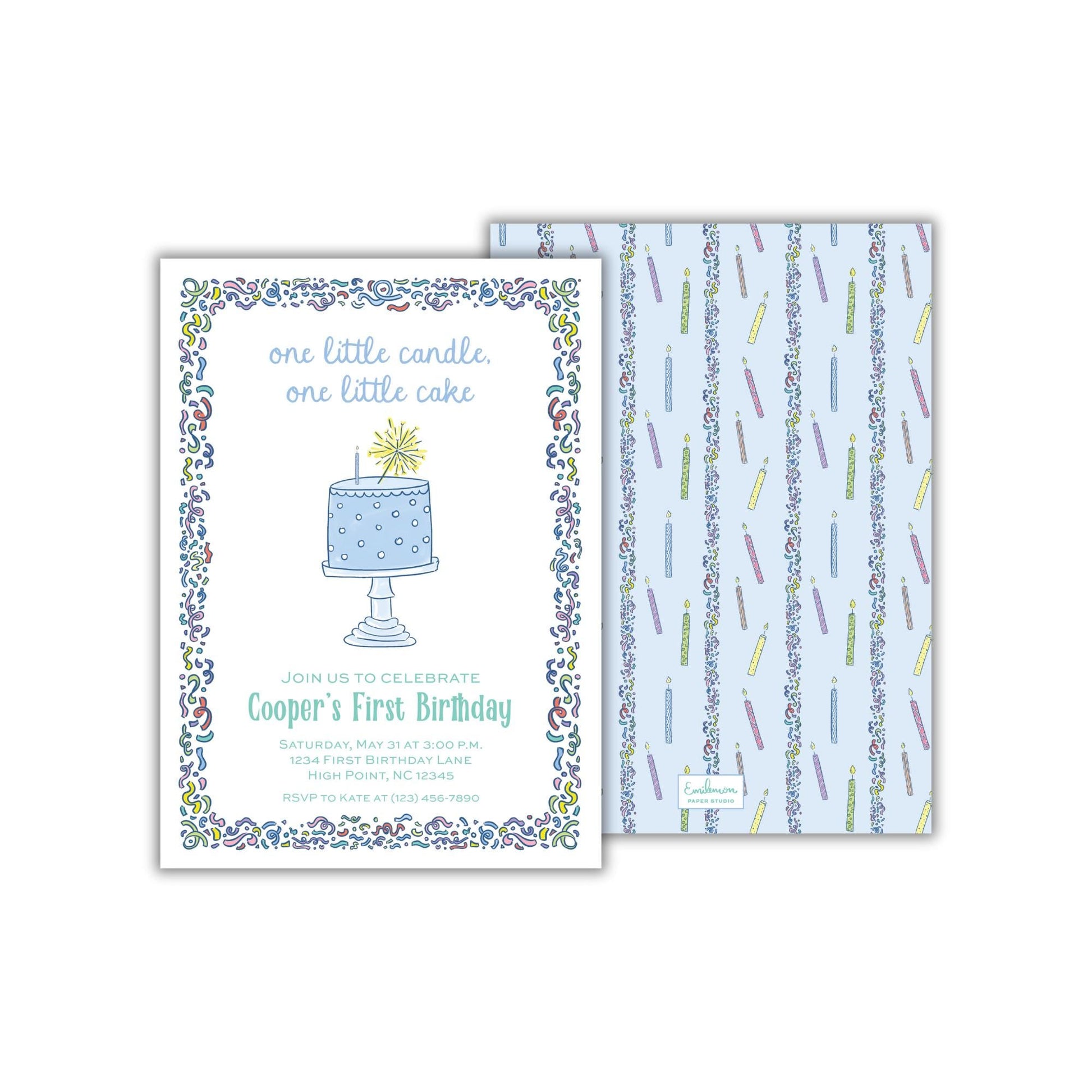 The image is a birthday invitation for a child's first birthday celebration.