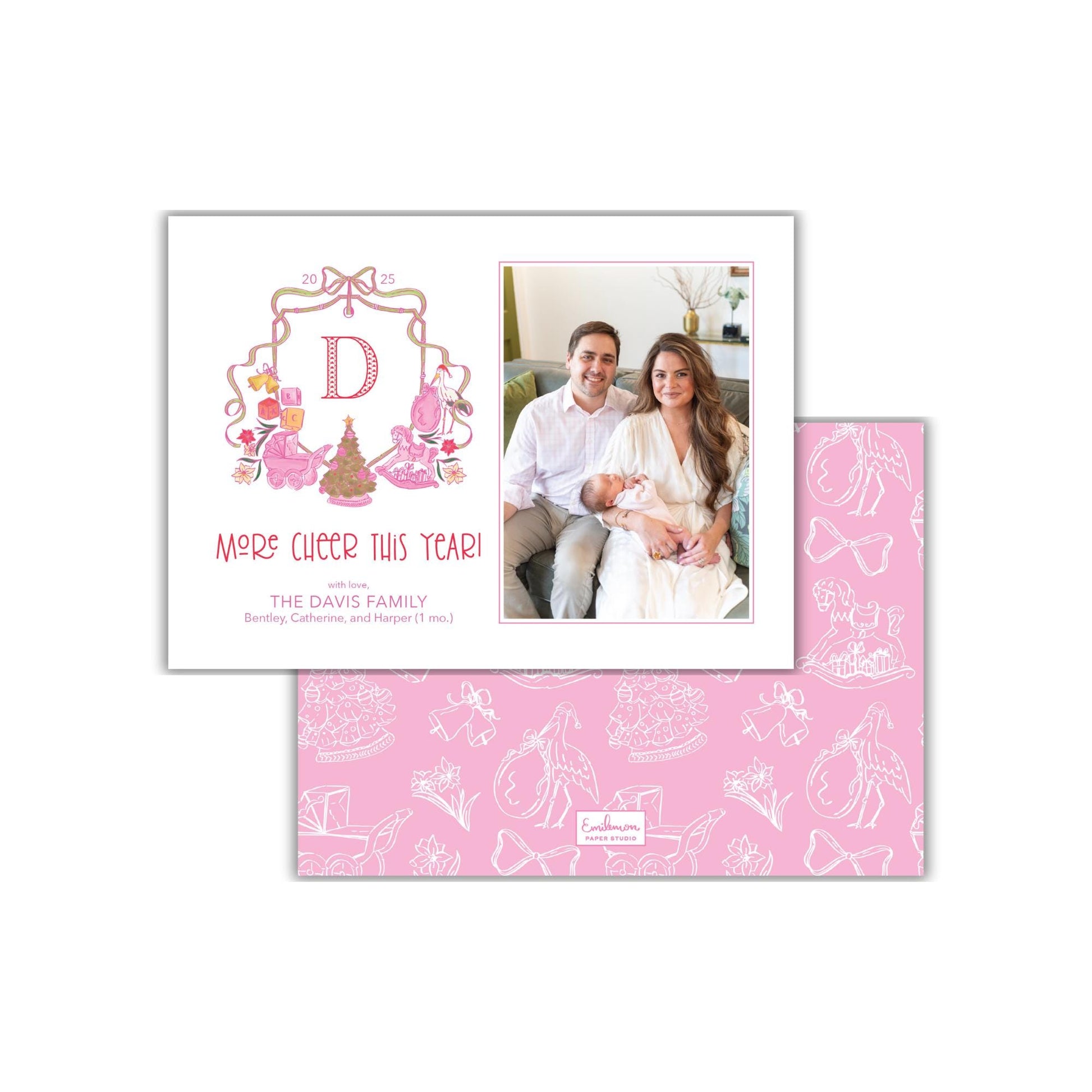 The image is a personalized family photo card featuring a couple sitting together on a couch, with a decorative border and a pink background.
